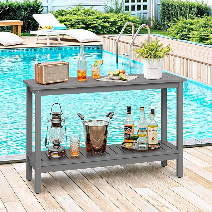 SUPER DEAL 48 inch Outdoor Console Table, 2-Tier Solid Wood Side Table Multifunctional Buffet Bar Storage Organizer with Adjustable Feet for All-Weather Indoor Outdoor Porch, Grey