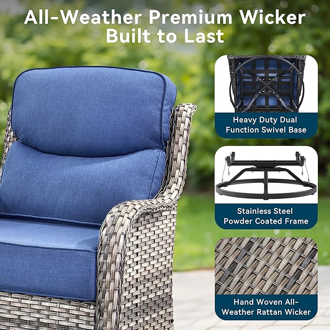 Luxury High Back Outdoor Furniture with 6-Inch Thick Cushions, Patio Furniture Set with Swivel Chairs, 5 PCS Wicker Conversation Set for Porch, Balcony, Deck and Yard