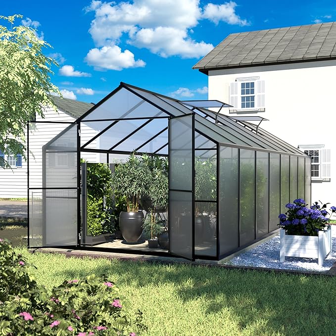 BlueWish 8x16 FT Greenhouses for Outdoors, Greenhouse with Adjustable Vents, Rivet Structure, Aluminum Greenhouse Kit with 4MM Polycarbonate Panel, Walk-in Green House for Garden, Gray