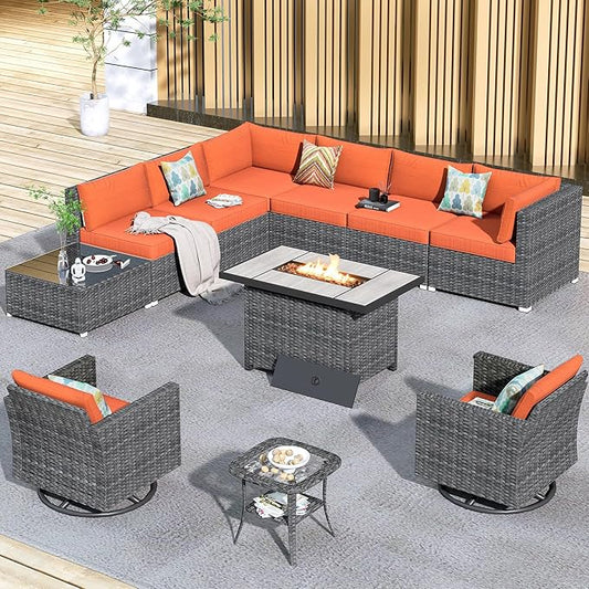 HOOOWOOO 11 Piece Patio Sectional Furniture Set with Fire Pit Table,Modern Wicker Outdoor Conversation Sofa Sets,Weather Resistant Modular L Shaped Outside Couch Swivel Chair Set(Orange Red)