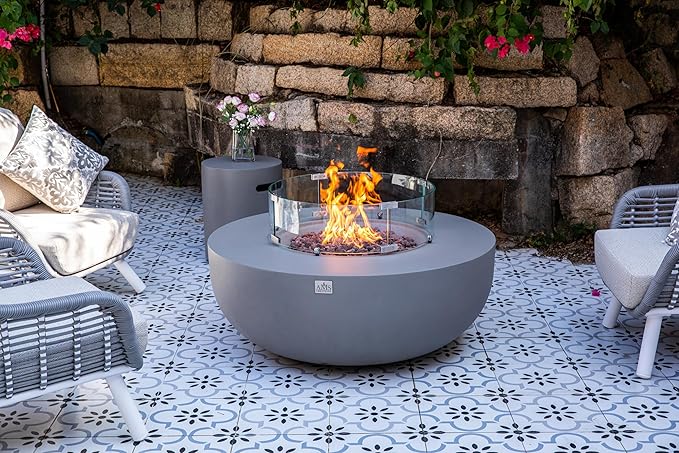 AMS Creations | Eclipse 44" Bundle Round Cast Concrete Natural Gas Fire Pit Bowl Table | Light Gray | Smooth Texture Surface | Electronic Ignition | Outdoor Patio Heater Outside Backyard Fireplace