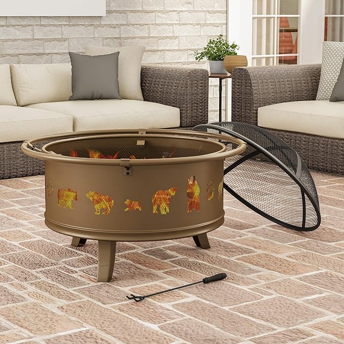 Pure Garden 50-LG1202 32” Outdoor Deep Fire Pit-Round Large Steel Bowl with Bear Cutouts, Mesh Spark Screen, Log Poker & Storage Cover-Patio Wood Burning, Antique Gold