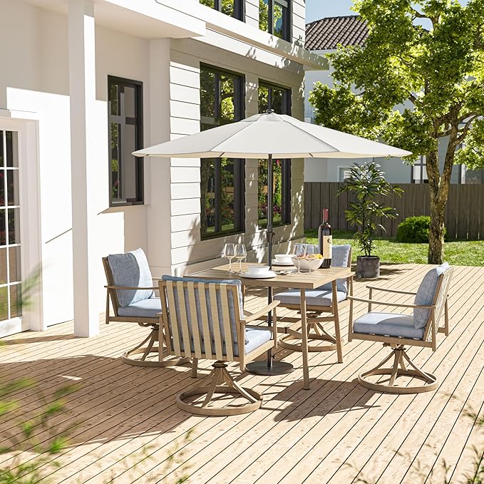 HAPPATIO Outdoor Dining Set 5 PCS, Aluminum Patio Dining Set Includes 1 Large Square Table with Umbrella Hole & 4 Swivel Dining Chairs, Patio Furniture Set for Lawn, Porch, Backyard (Brown)