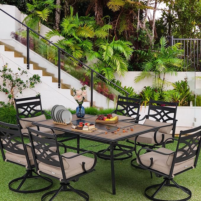 PHI VILLA Patio Dining Set for 6, 7 PCS Outdoor Dining Sets - 1 Rectangle 37x60in Dining Table (1.57" Umbrella Hole) & 6 Swivel Dining Chairs,Metal Patio Furniture for Outdoor Kitchen Lawn and Garden