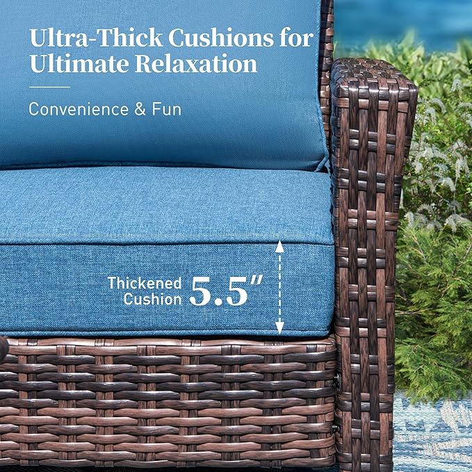 Patio Furniture Set with Swivel Chairs, High Back Wicker Rattan Furniture with 5.5" Thick Cushions and Coffee Table, Outdoor Conversation Set for Backyard Deck,5 Seats, Blue