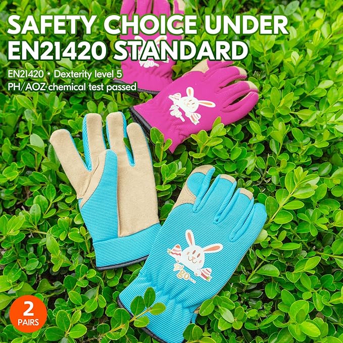 Vgo... 2-Pairs Age 4-5 Kids Gardening Gloves,Children Yard Work Gloves,Soft Safety Outdoor Playing Gloves (Size S,Blue&Purple Rabbit, KID-SL7362)