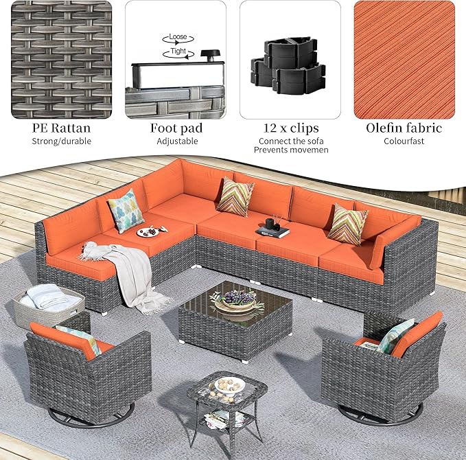 HOOOWOOO 10 Piece Patio Sectional Furniture Set with Swivel Rocking Chairs,Modern Wicker Outdoor Conversation Sofa Sets,Weather Resistant Modular L Shaped Outside Couch Set(Orange Red)