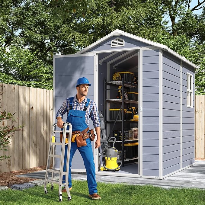 Aoxun 4 x 6 FT Outdoor Storage Shed with Window, Resin Shed with Floor & Lockable Doors, Small Garden Shed Waterproof Plastic Tool Shed with Sloped Roof for Backyard, Garden, Patio, Lawn, Grey