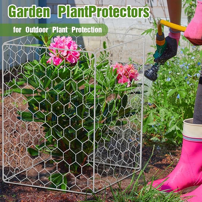 16 Set Wire Plant Protectors Square Wire Plant Cages Chicken Wire Cloche Mesh Plant Cage with 64 Ground Stakes and 200 Nylon Ties Protect Plants, Garden, Vegetables from Animals(12 x 20)