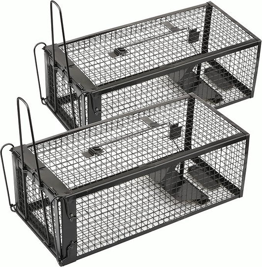 2-Pack Rat Traps Humane Live Mouse Vole Chipmunk Trap Cage for Indoors and Outdoors (Black)