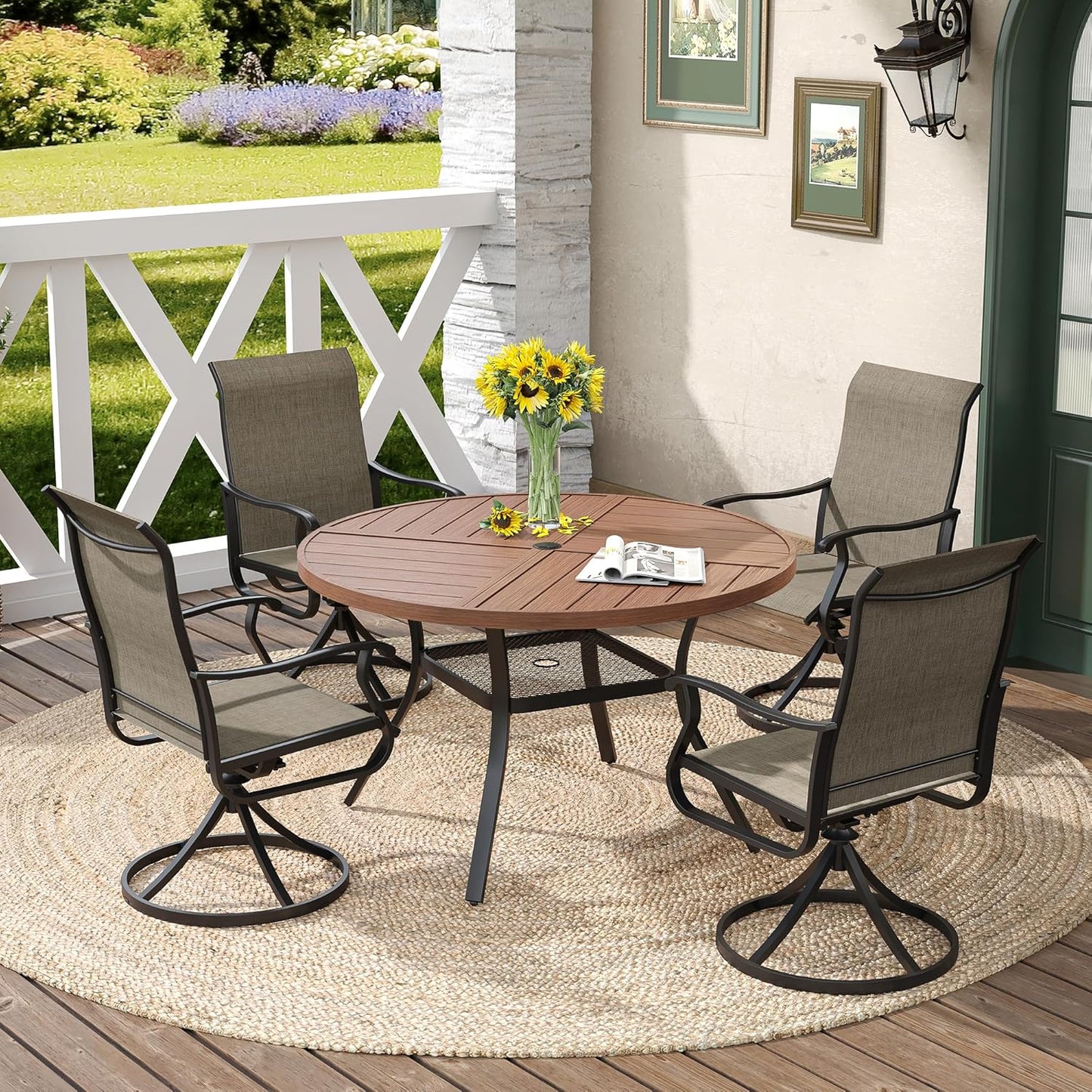 DIFY 40.6" Round Outdoor Patio Dining Table for 4, All-Weather Metal Steel Slatted Patio Table with 1.57" Adjustable Umbrella Hole, for Lawn Garden Porch Backyard, Walnut