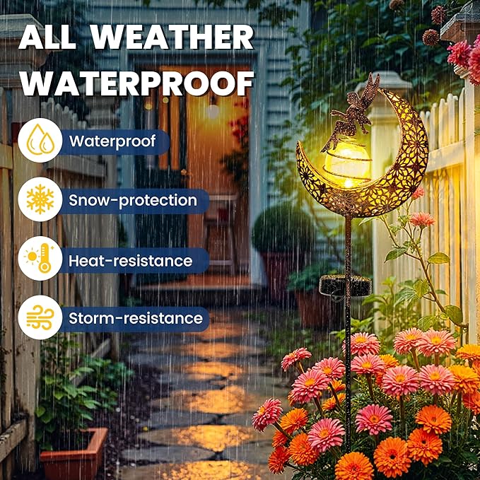 Fairy Garden Solar Lights Outdoor Moon Stakes, Waterproof Outdoor Metal Decor Gifts for Women Mom, Art Moon Sculpture for Yard, Patio, Garden, Porch, 1 Pack