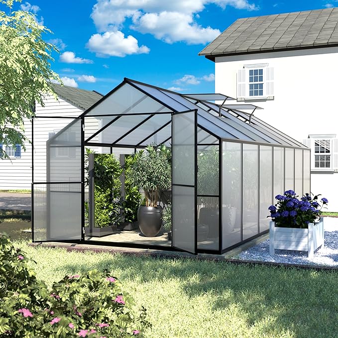 BlueWish 8x14FT Greenhouse for Outdoors, Aluminum Greenhouses with Adjustable Vents,Lockable Door, Heavy Duty Greenhouse Kit with Polycarbonate, Walk-in Green House for Garden, Gray
