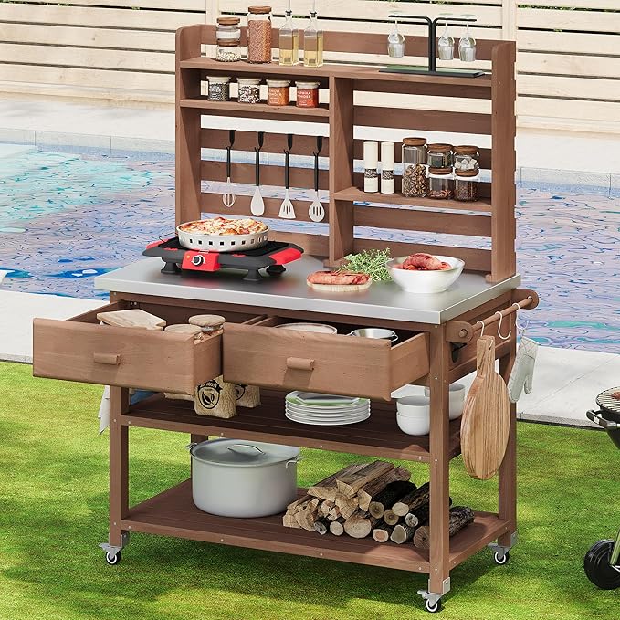Polibi 64.9" H Outdoor Potting Bench Table with Lockable Wheels,Solid Fir Wood Outdoor Kitchen Island with Upper Hutch,Stainless Steel Top,Towel Rack,Outdoor Storage for Grilling,Lawn Garden(Brown)
