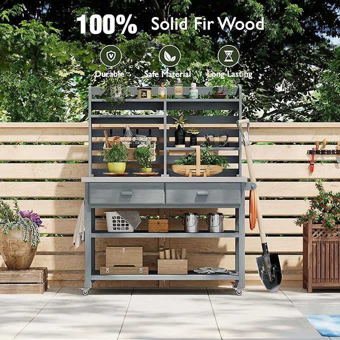 Polibi 64.9"H Outdoor Potting Bench Table with Lockable Wheels,Solid Fir Wood Outdoor Kitchen Island with Upper Hutch,Stainless Steel Top,Towel Rack,Outdoor Storage for Grilling,Lawn Garden(Grey Blue)