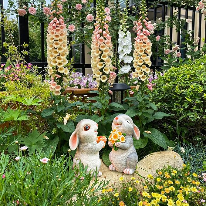 Solar Rabbit Garden Statues Outdoor Bunny Decor Resin Rabbit Figurine Holding Sunflower with LED Lights for Proch Patio Lawn Yard Mothers Day Gardening Gifts for Mom Grandma