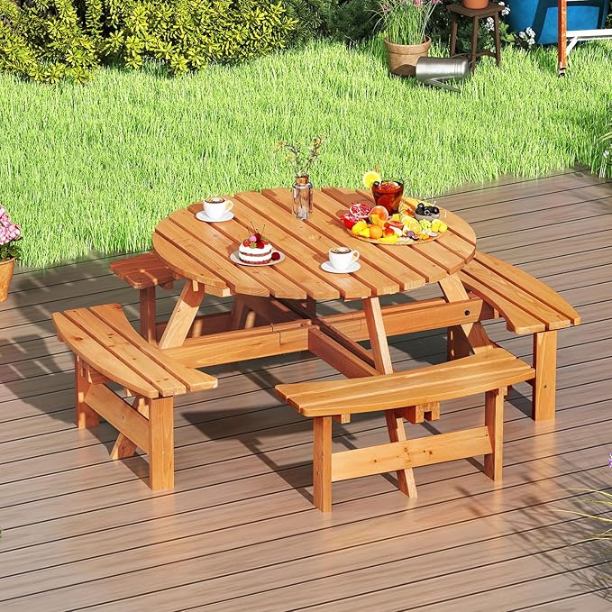 Giantex 8-Person Round Picnic Table Set with 4 Benches, 550 LBS Bench Capacity, 2" Umbrella Hole, Circular Outdoor Wood Dining Table & Chairs for Patio Yard Garden Porch Deck (71”x71”x28”,Yellow)