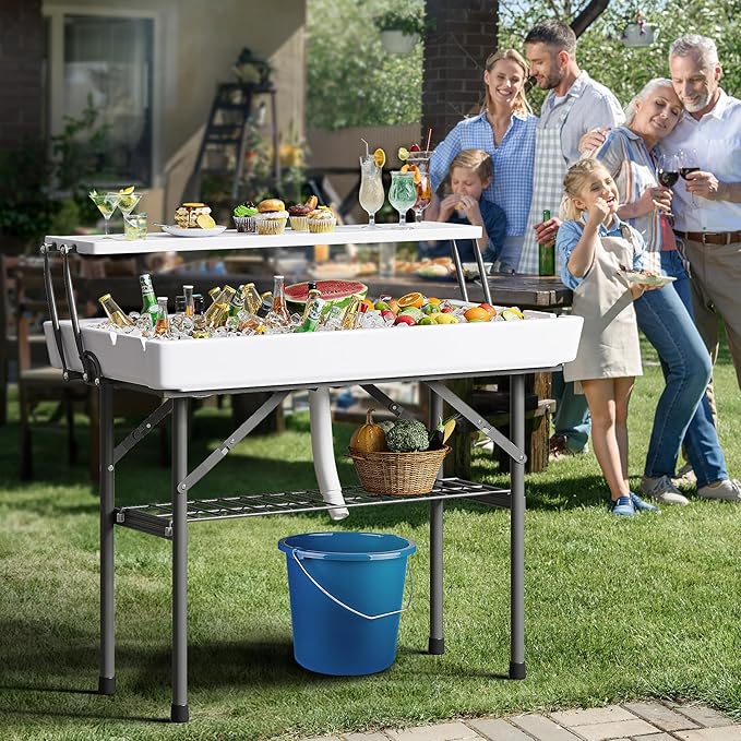 YITAHOME Two-Tier Ice Table, 4FT Folding Ice Cooler Table with Drain and Detachable Skirt, Portable Ice Table for Parties, Picnics, Camping, Weddings, BBQs