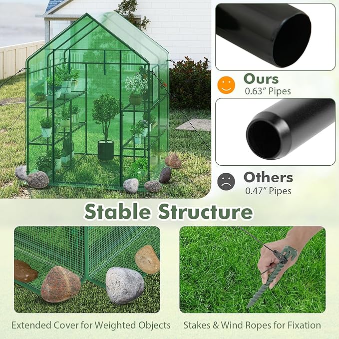 Happygrill Walk-in Greenhouse, Portable Greenhouses for Outdoors w/8 Shelves, Roll-Up Zippered Door, 2 Observation Windows & 2 Tiers, Weather-Proof PE Cover, Wind Rope Included, 57”L x 57”W x 77”H