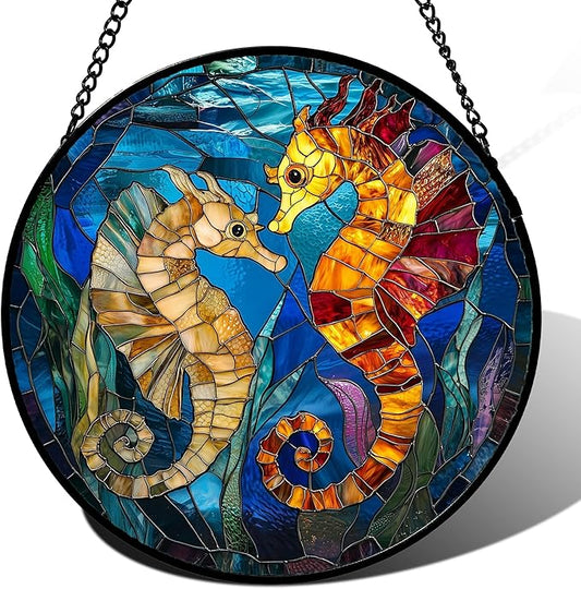 Stained Glass Window Hanging - Blue Ocean Orange Seahorse Suncatcher for Door Terrace Garden Home Decor, Marine Life Sun Catcher Birthday Gifts for Lovers Women Men Dad Mom Nana 15 in
