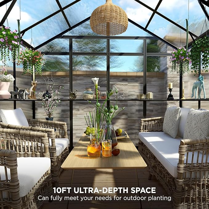 HOWE 8x8x7.5 FT Aluminum Greenhouses for Outdoors,Polycarbonate Greenhouse with 2 Vents Lockable Swing Door Rain Gutter,Walk-in Greenhouse for Backyard Plants, Black