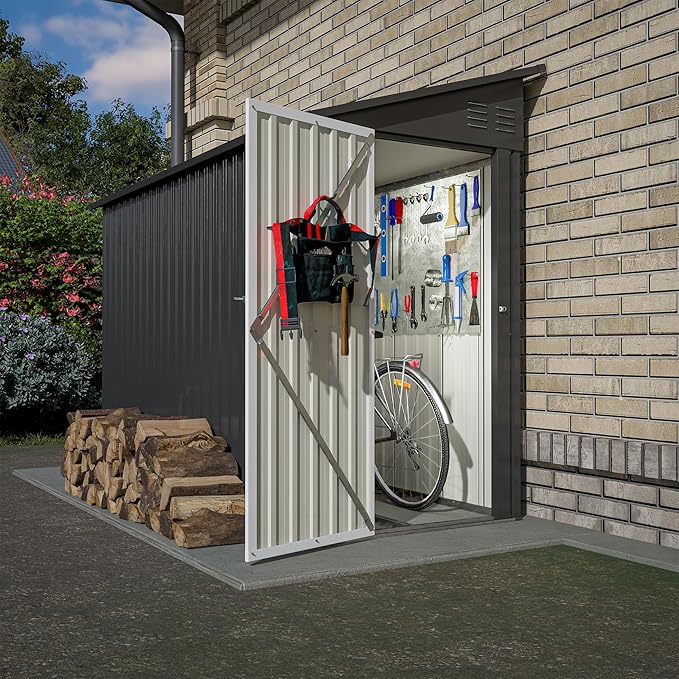 4×8 FT Outdoor Metal Storage Shed,Heavy-Duty Lean to Storage Shed with Floor Base,Garden Tool Metal Storage House W/Lockable Door and 2 Air Vents,Weather Resistant,for Backyard,Patio,Lawn,Black