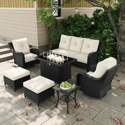 7 Pieces Outdoor Patio Furniture Sets with Rocking Swivel Chairs with 6-inch Thick Cushion and Fire Pit Table for Deck Lawn