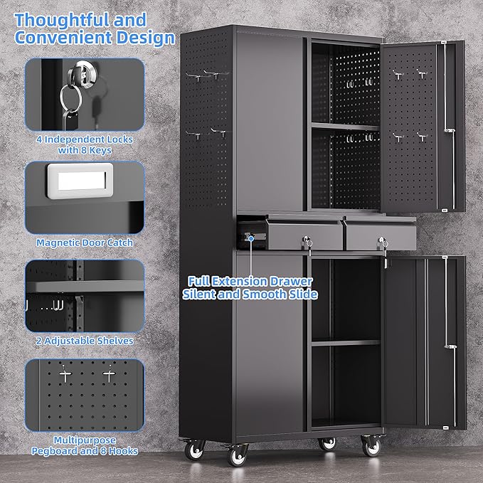 71" H Rolling Tool Storage Cabinet with Pegboard and 2 Drawers,Metal Garage Storage Cabinet with Wheels and Doors for Garage, Warehouse,Home,Required Assembly,Black