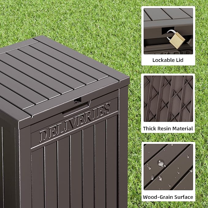 48 Gallon Outdoor Storage Box, Package Delivery Box for Outside with Lockable Secure, Resin Outside Storage Box Waterproof Deck Box for Patio & Pool, Brown