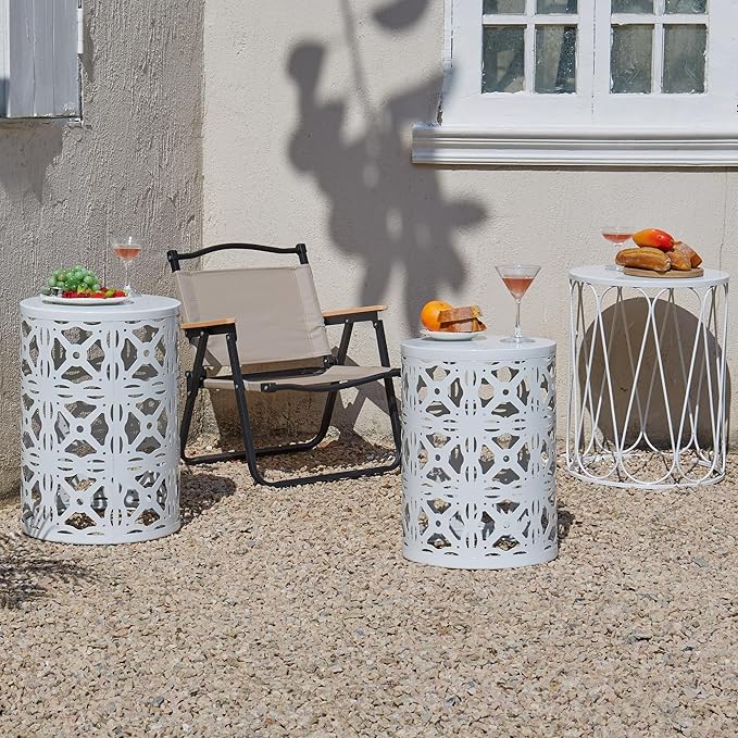 Y&M Set of 3 Stacking Coffee Table for Living Room, Patio Side Table,Indoor End Tables for Bedroom, Outdoor Decorative Garden Stool with Heavy Duty Metal Frame Modern Industrial Decor - White