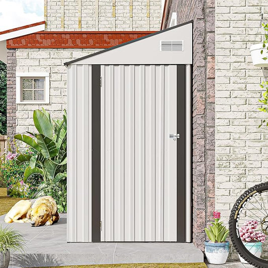 4x8 ft Lean to Shed, Outdoor Storage Shed with Lockable Door and Vents, Metal Storage Shed with 6 Vents, Outside Garden Tool Shed for Backyard, Patio, Wall Side Design (White)