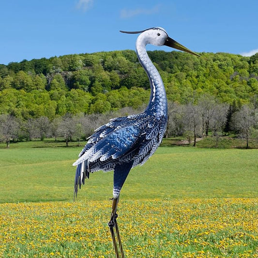 33 Inch Crane Statue for Garden Decorations, Metal Heron Yard Art, Outdoor Decor for Patio, Pond, and Backyard, Blue