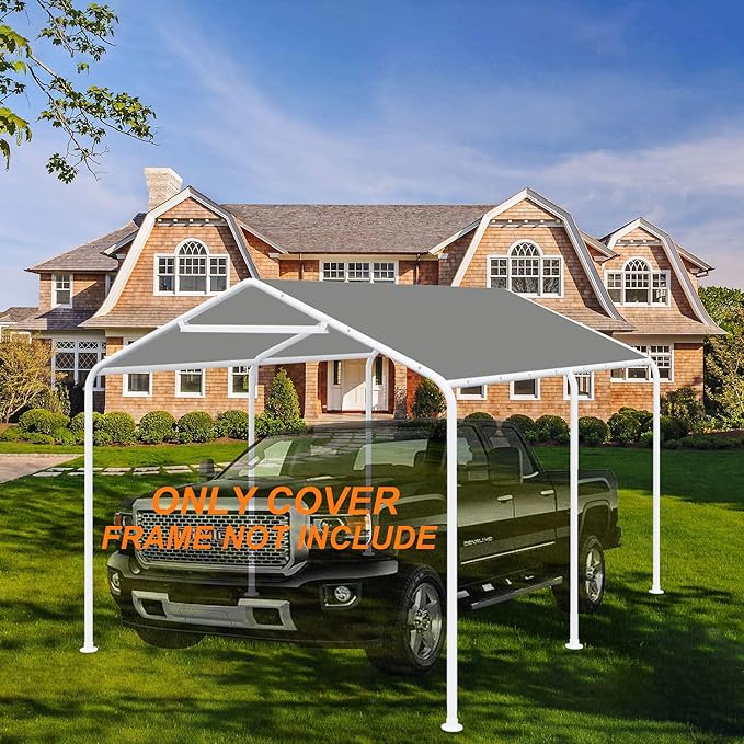 10 x 20 Ft Carport Replacement Canopy Cover Garage Top Tent Shelter Tarp with Free 44 Ball Bungee Cords,Grey(Only Cover, Frame Not Include)