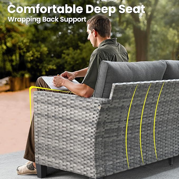 ovios 6 Pieces Patio Furniture Set, Outdoor Wicker Sofa Couch with Rocking Swivel Chairs Comfy Cushions, Modern Deep Seat Rattan Conversation Sets for Porch Deck, Black