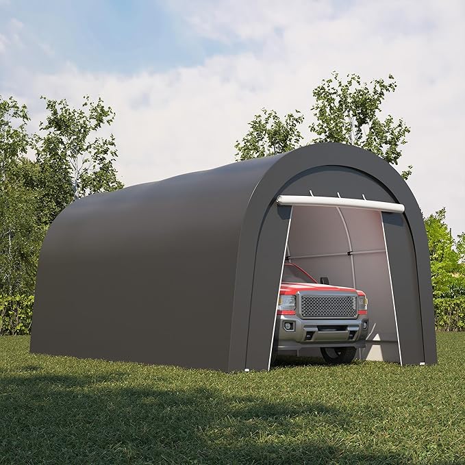 10'x20' Carport, Outdoor Round Portable Garage with 2 Roll up Doors, Heavy Duty Storage Shelter Car Canopy Party Tent, Dark Gray