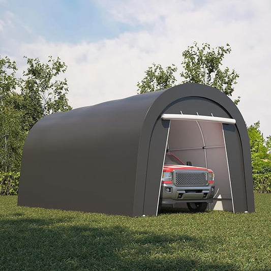 10'x20' Carport, Outdoor Round Portable Garage with 2 Roll up Doors, Heavy Duty Storage Shelter Car Canopy Party Tent, Dark Gray