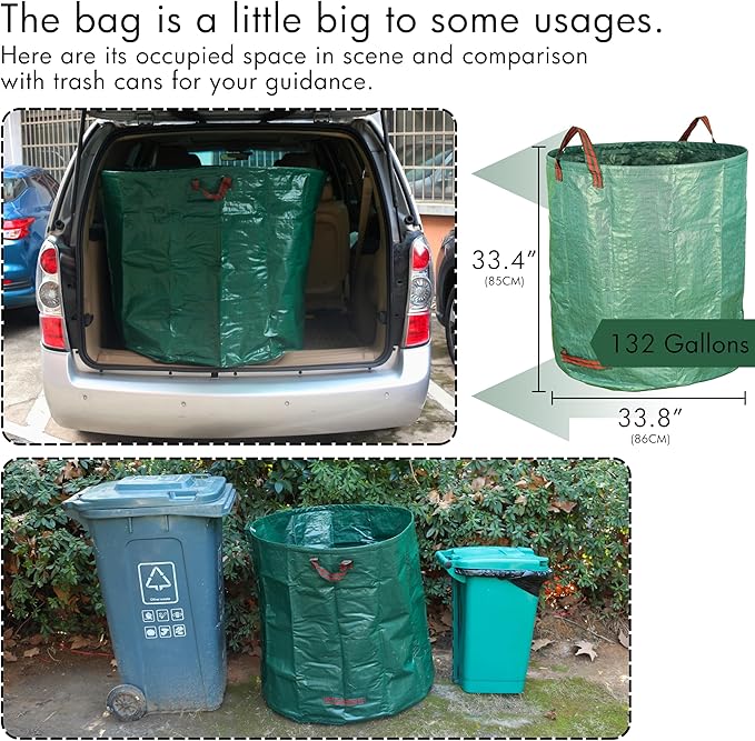 Gardzen 2-Pack 132 Gallon Yard Waste Bags, Reusable Heavy Duty Collapsible Garden Leaf Bags with Plastic Ring, Stand-Up Yard Waste Bin for Leaves, Lawn Debris & Grass Clippings