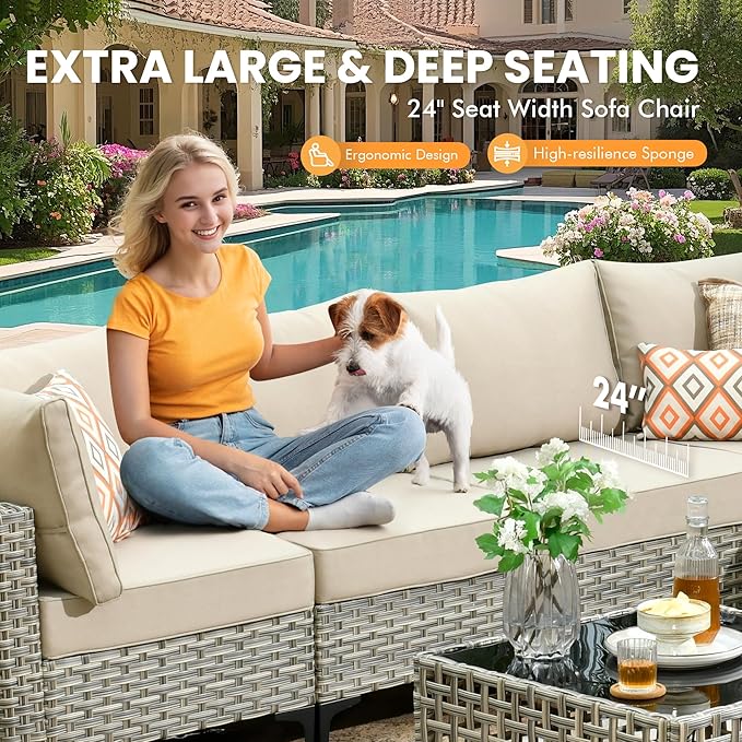 Outdoor Sectional Patio Furniture Set with Fire Pit Table and Glowing Table,8 Pieces Wicker Conversation Sets L Shaped Couch Out Door Sofa Set Outside Furniture for Garden Deck Yard,Beige