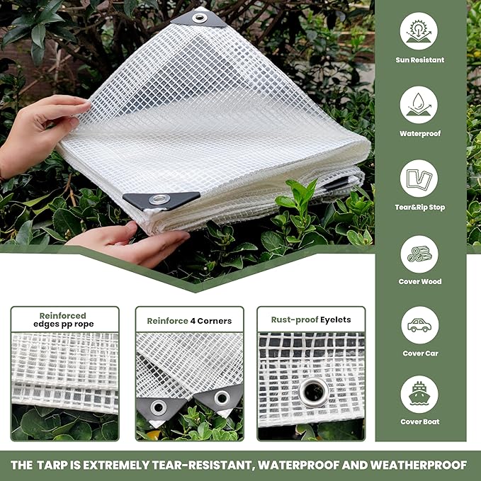 16' x 20' Clear Tarp Heavy Duty Waterproof tarps,13mil Transparent Multipurpose Protective Tarpaulin,Reinforced Edges Outdoor Waterproof Poly Tarps Cover,UV Resistant (Clear White Mesh)