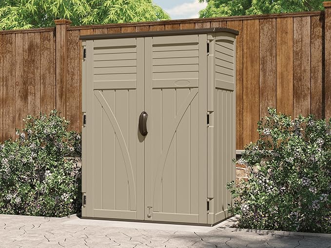 Suncast 54 Cubic Feet Vertical Storage Shed with Durable Plastic Construction, Multiple Wall Panels and Ample Space for Outdoor Storage
