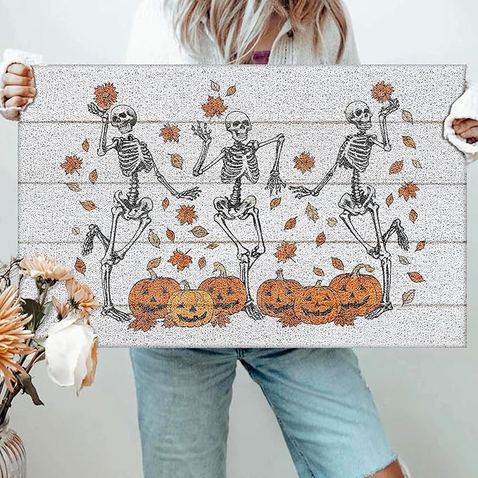 Gothic Halloween Skull Door Mat, Fall Maple Leaf Halloween Pumpkin Doormat Non-Slip for Front Door Porch Indoor Outside Entrance Entryway, Funny Spooky Gothic Welcome Mat, 17x30 Inch