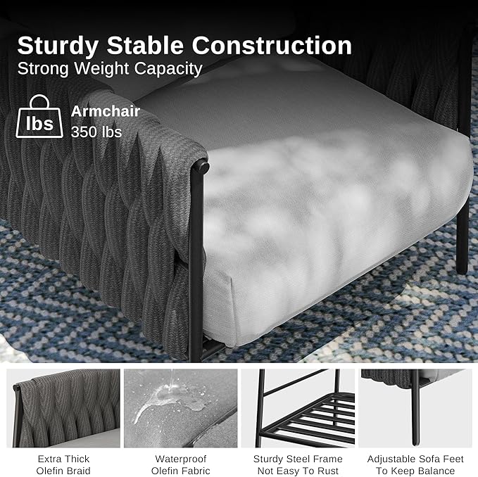 EAST OAK Modern 3 Pieces Patio Conversation Set, Armchairs with Coffee Table, Outdoor Furniture Set with Cushion, Earth Black & Misty Grey