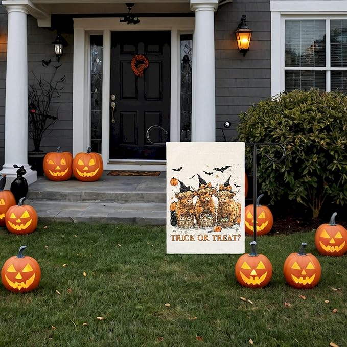 Trick or Treat Halloween Garden Flag for Outside, 12x18 Inch Double Sided Halloween Highland Cow Pumpkin Yard Flag, Farmhouse Small Yard Flags for Outdoor Decorations, Holiday Decor Gifts-A09
