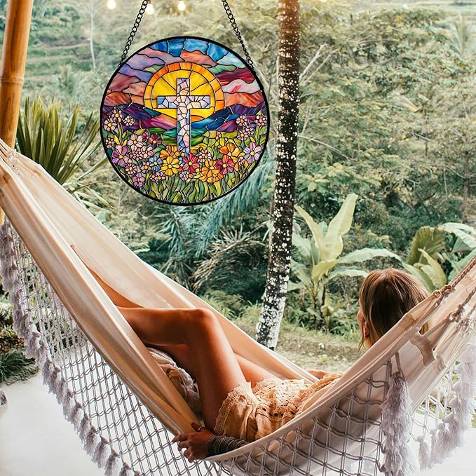 Stained Glass Window Hanging - Cross Flower Sea Sun Catcher for Door Terrace Garden Home Decor, Mountains Landscape Suncatcher Birthday Gifts for Lovers Women Men Dad Mom Nana 15 in