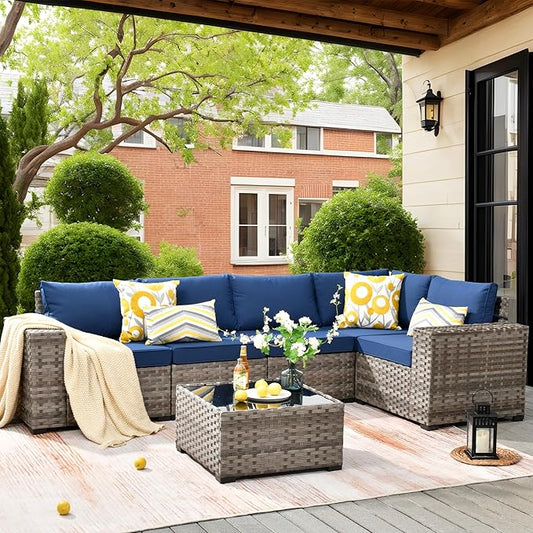 ovios 6 Pieces Patio Furniture Set, Outdoor Wicker Sectional Sofa with Glass Table Comfy Cushions, Modern Modular Deep Seat Couch Rattan Conversation Set, Navy Blue
