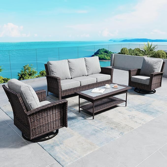 4 Pieces Patio Furniture Set with Swivel Chairs, High Back Wicker Rattan Sofa with Extra Thick Cushion and Coffee Table, Outdoor Conversation Set for Garden Backyard Deck, Grey