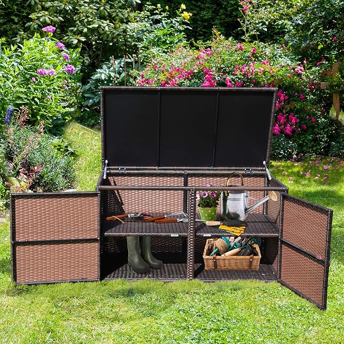 HAPPYGRILL Deck Box Outdoor Wicker Storage Box Cabinet 88 Gallon Storage Container Bin Box for Furniture Tools in Garden Balcony Porch Yard