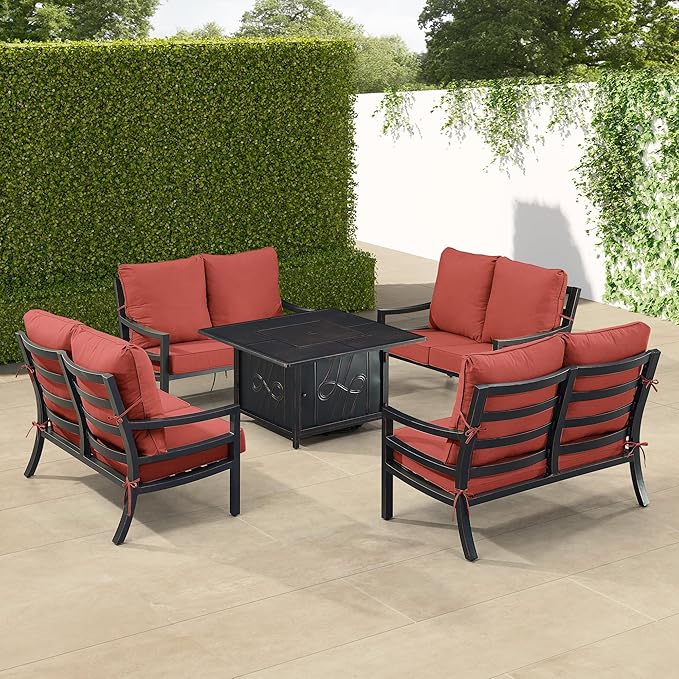 Oakland Living Black Aluminum Patio Fire Table Set with Four Deep Seating Loveseat with Cushions with Red Cushions