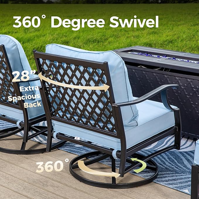Patio Furniture Set with Firepit Table, 4 Pcs Metal Outdoor Conversation Set, 2 Swivel Chairs and 3 Seater Sofa with 5.75" Extra Thick Cushion and Gas Fire Pit Table for Backyard Deck, Blue