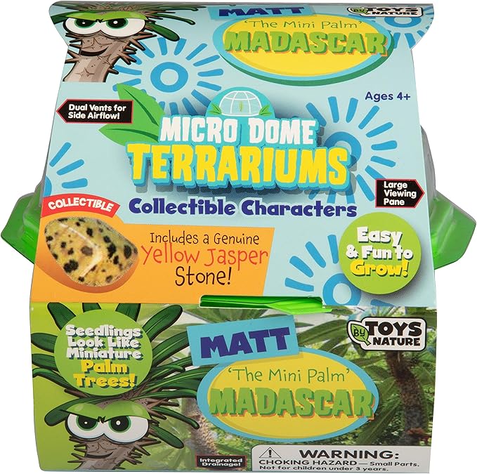Toys by Nature Character Micro Domes Palm Plant Terrarium Starter Kit, Decorative and Easy-to-Grow Mini Terrariums with Complete Supplies and Genuine Jasper Stone! (Matt The Madagascar Mini Palm)